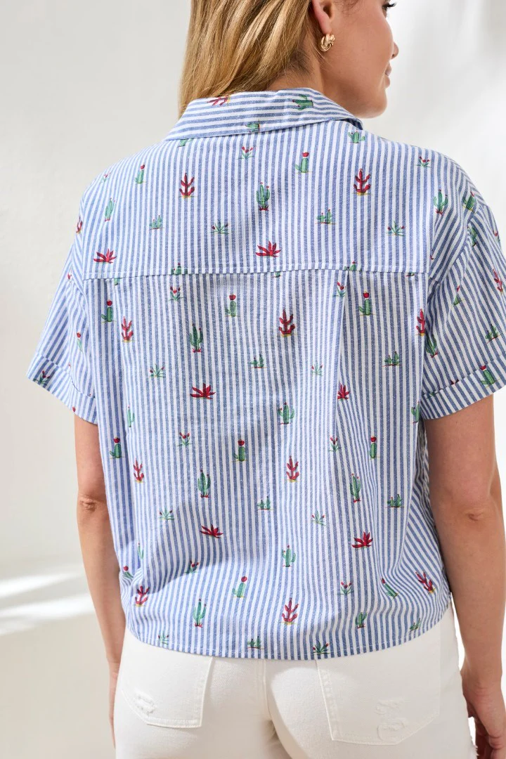 Cotton Stripe Short-Sleeve Button-Front Collared Blouse-White - Image 4