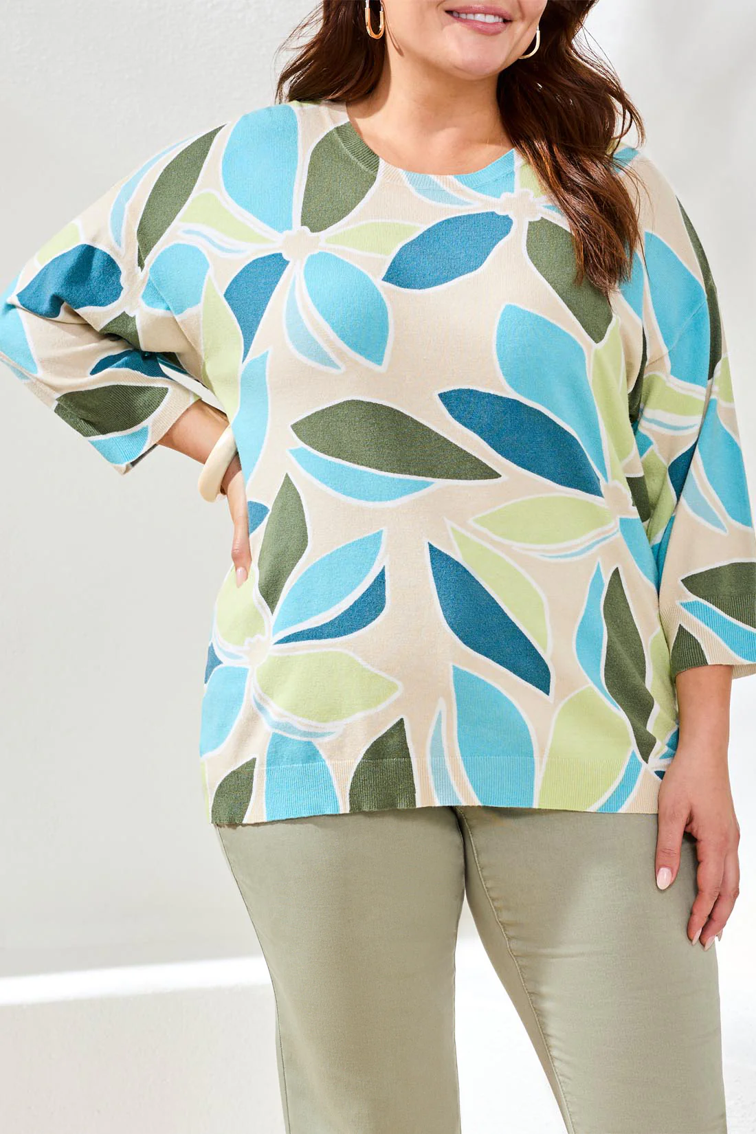 Printed Three-Quarter Sleeve Crew Neck Sweater-Aqua sky - Image 3