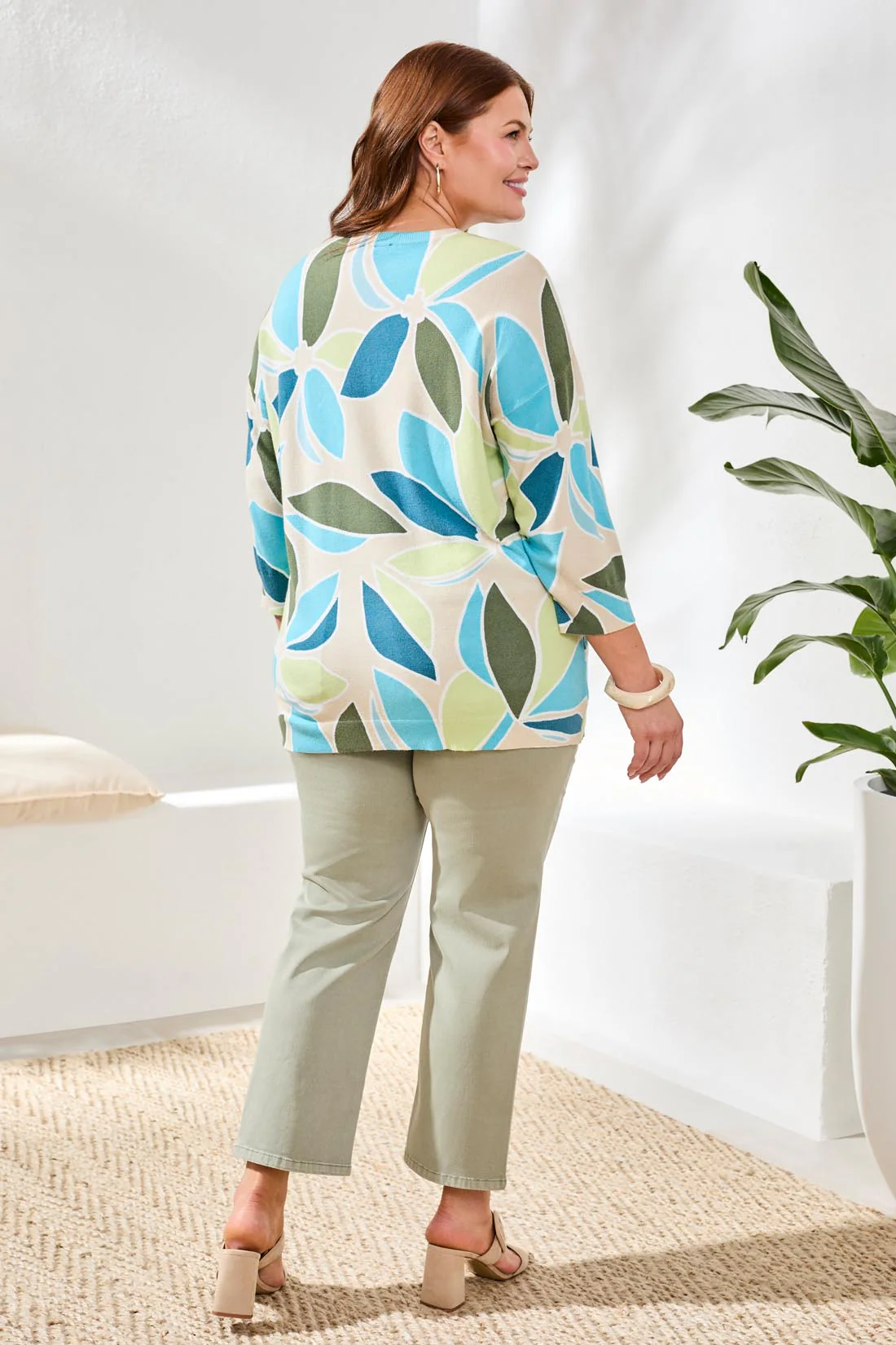 Printed Three-Quarter Sleeve Crew Neck Sweater-Aqua sky - Image 4