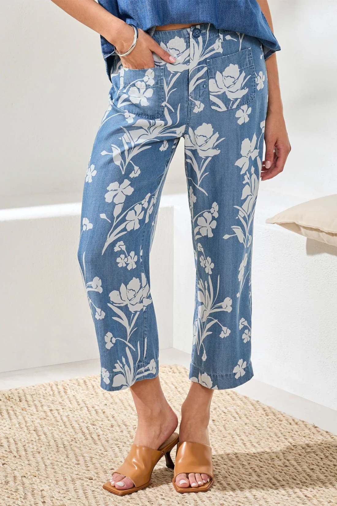 Drape Denim Printed Wide Leg Button At Waist Pants -Seasideblue - Image 3