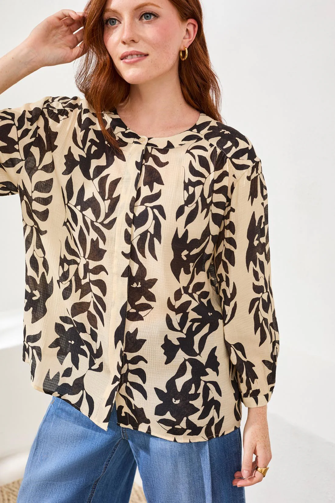 Woven 3/4 Sleeve Blouse with Hidden Placket-Canvas