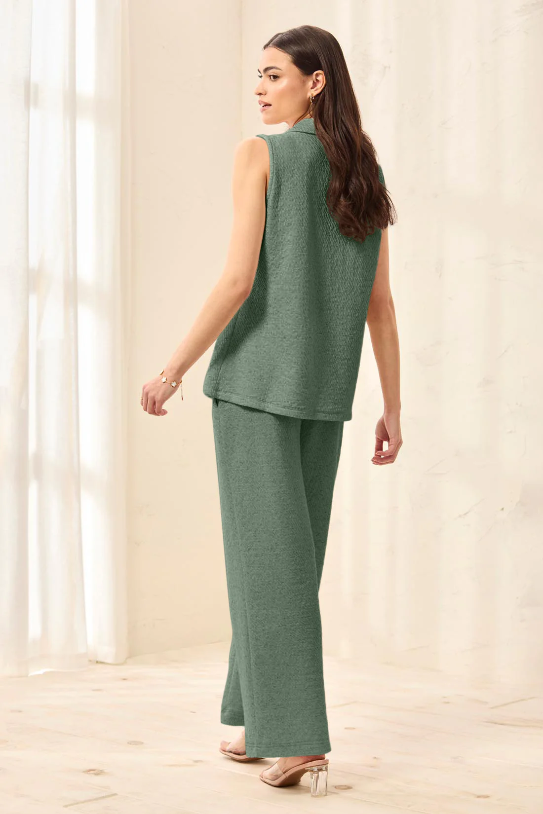 Puckered Knit Sleeveless Button Down Top-Moss - Image 2