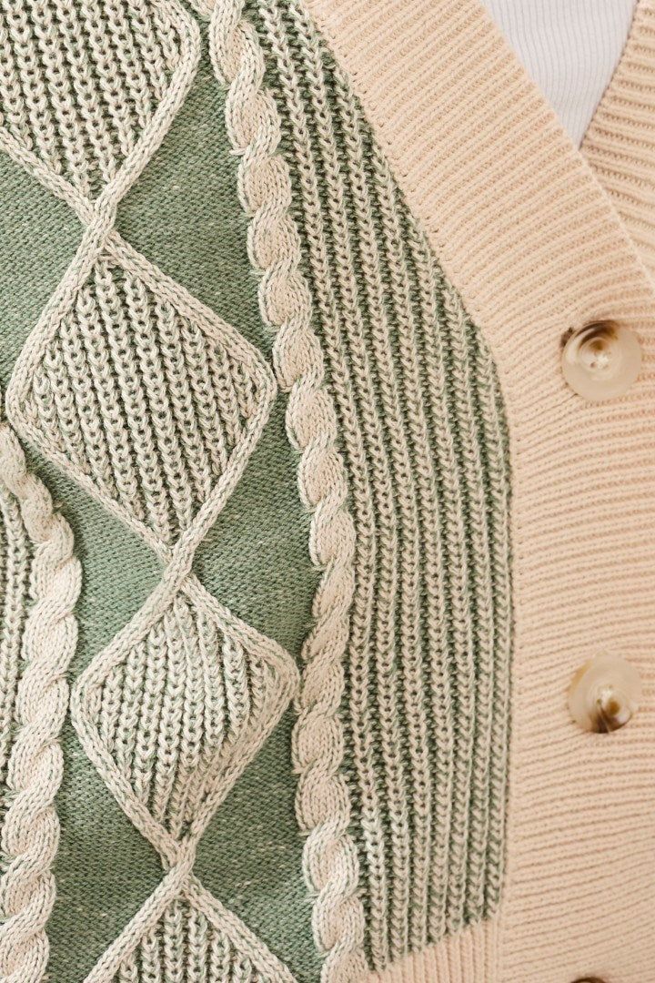 Two-Tone Diamond Knit Combed Cotton Cardigan-Moss - Image 3