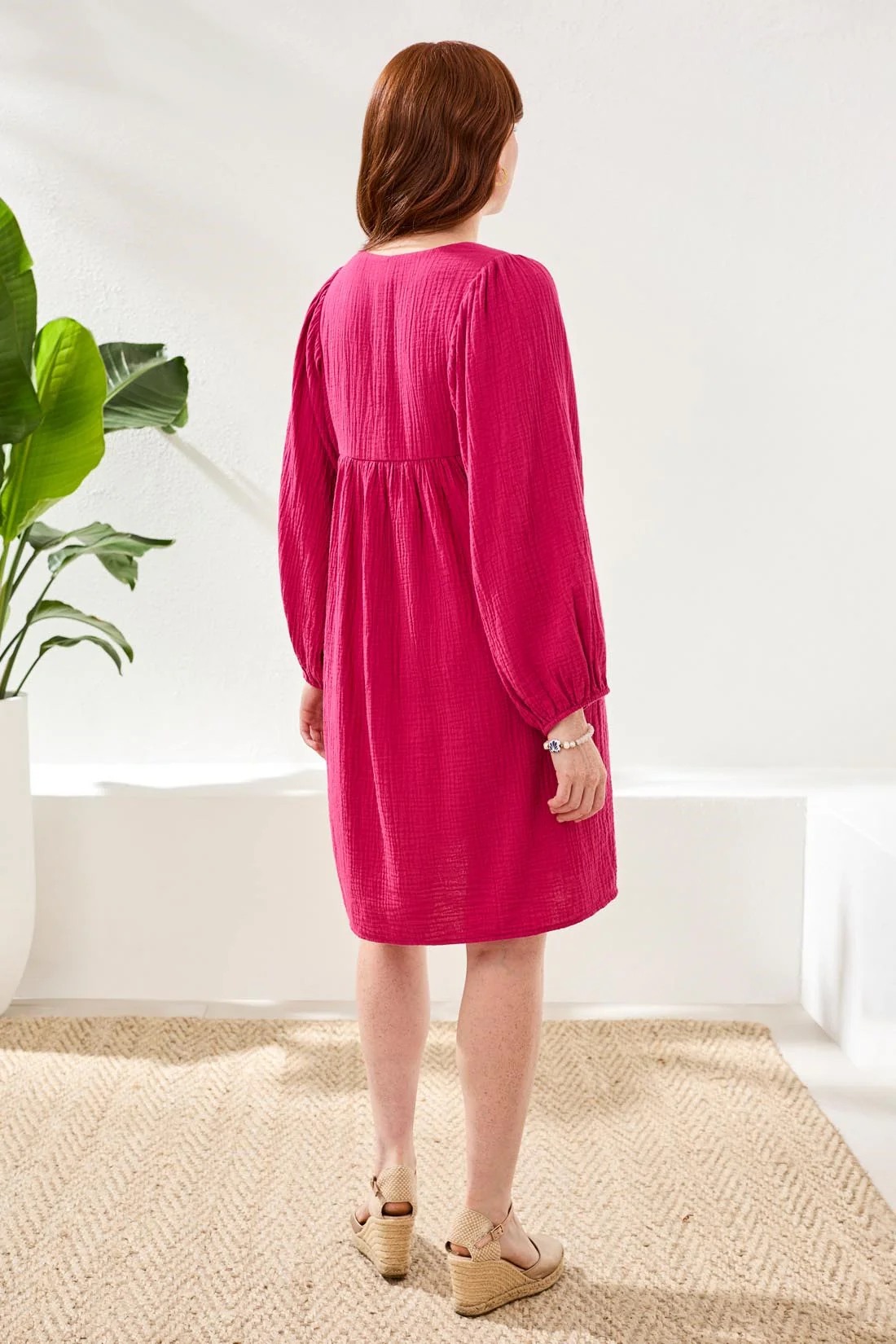 Crinkle Gauze V-Neck Empire Waist Balloon Sleeve Dress-Gardenia - Image 2