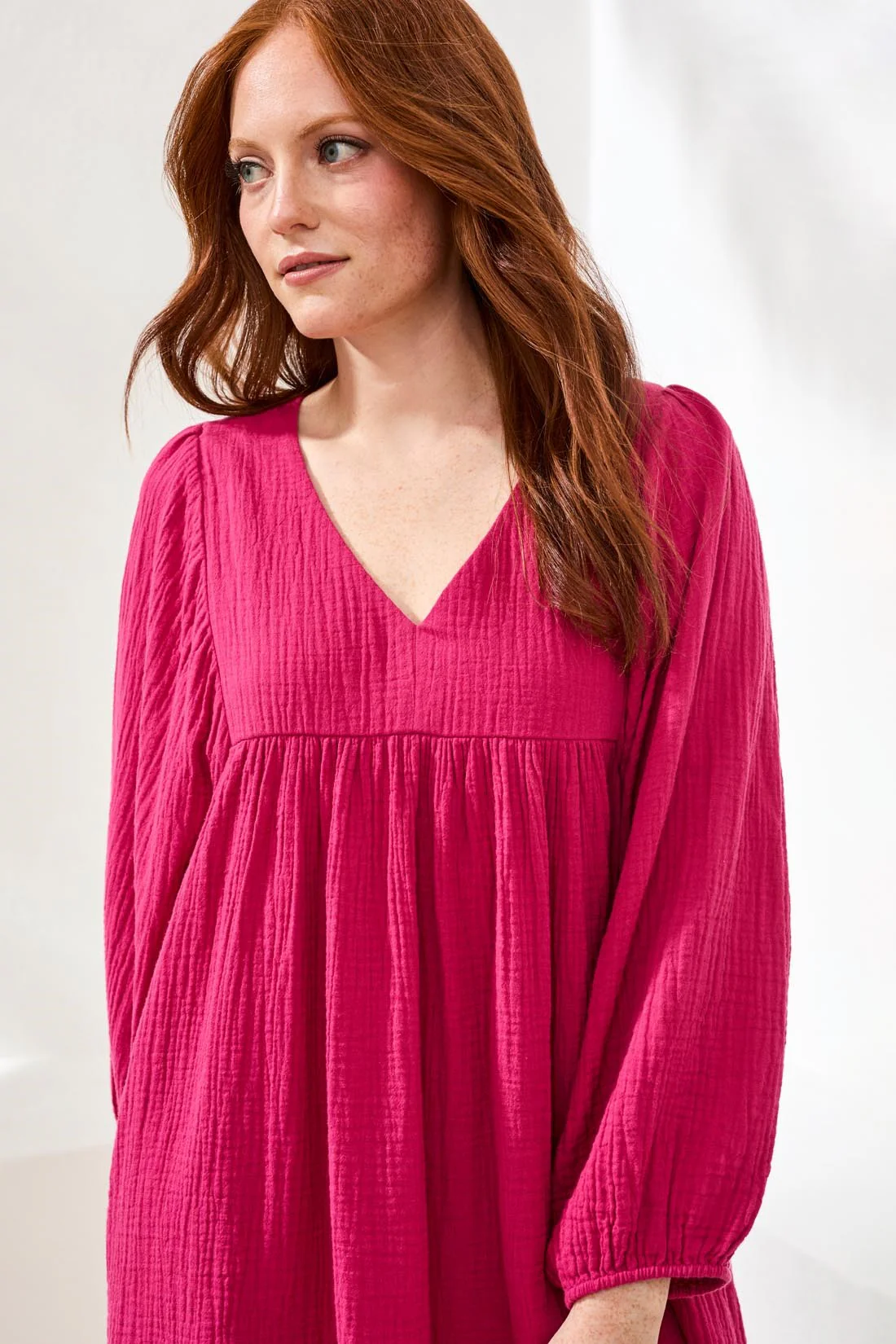 Crinkle Gauze V-Neck Empire Waist Balloon Sleeve Dress-Gardenia - Image 3