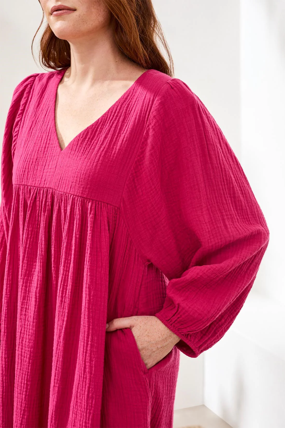 Crinkle Gauze V-Neck Empire Waist Balloon Sleeve Dress-Gardenia - Image 4