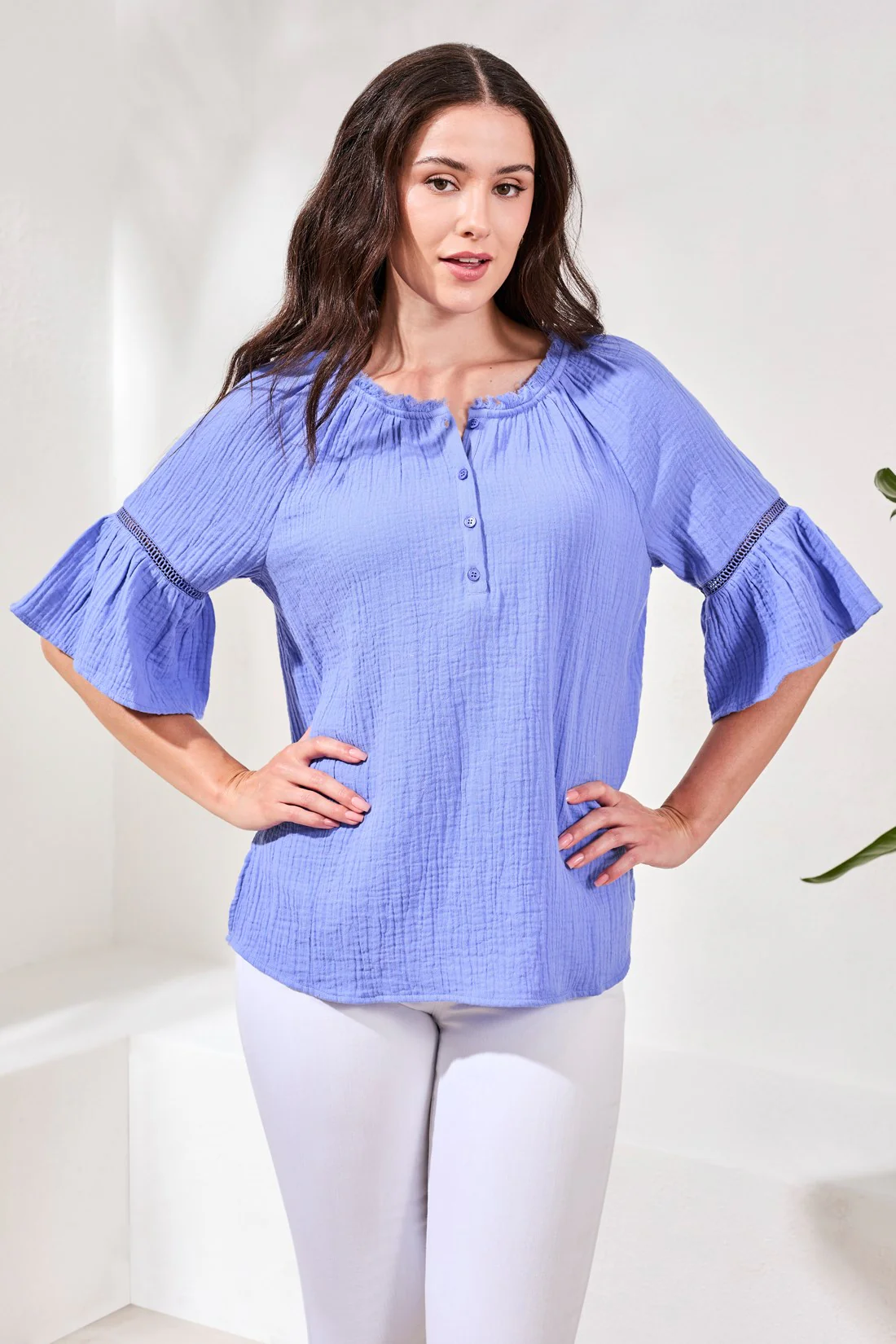 Crinkle Gauze Split-Neck Button-Front Bell Sleeve Blouse-Baja blue - Image 3