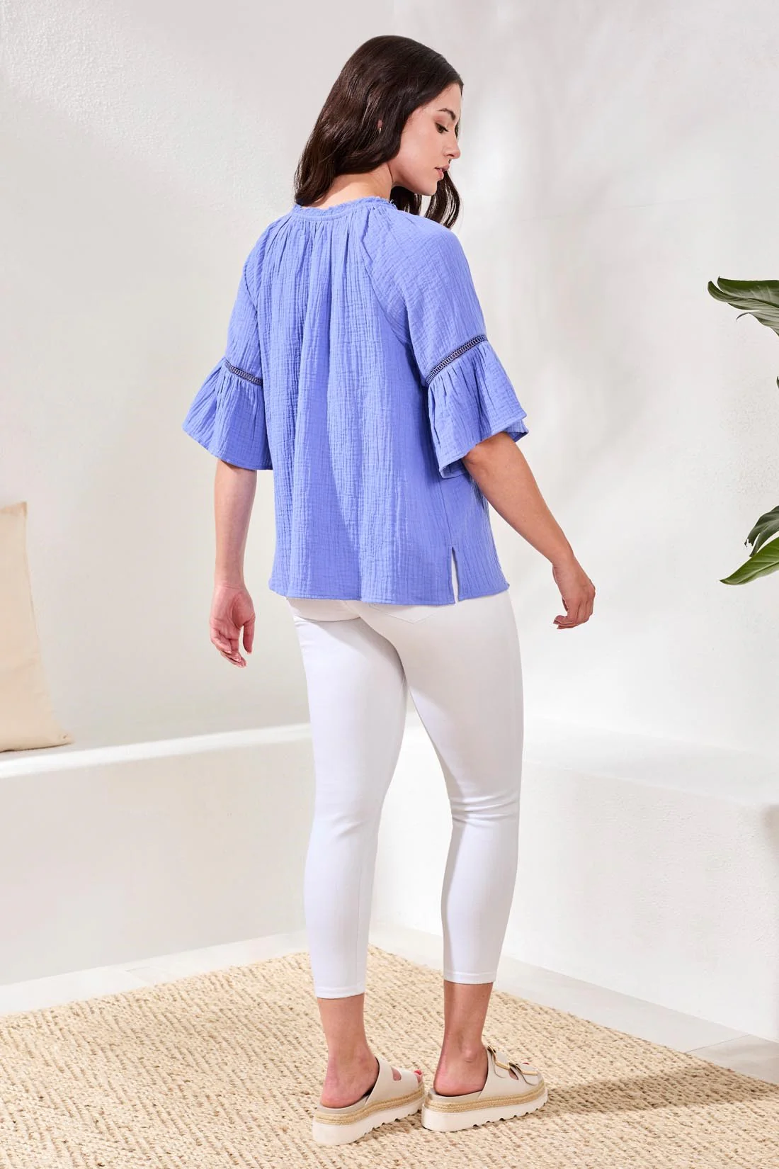 Crinkle Gauze Split-Neck Button-Front Bell Sleeve Blouse-Baja blue - Image 4