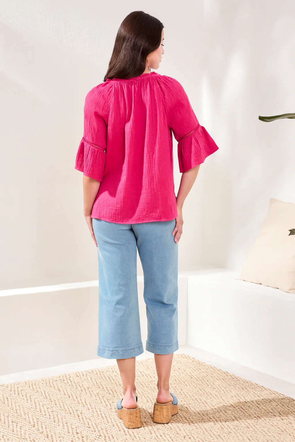 Crinkle Gauze Split-Neck Button-Front Bell Sleeve Blouse-Gardenia - Image 3
