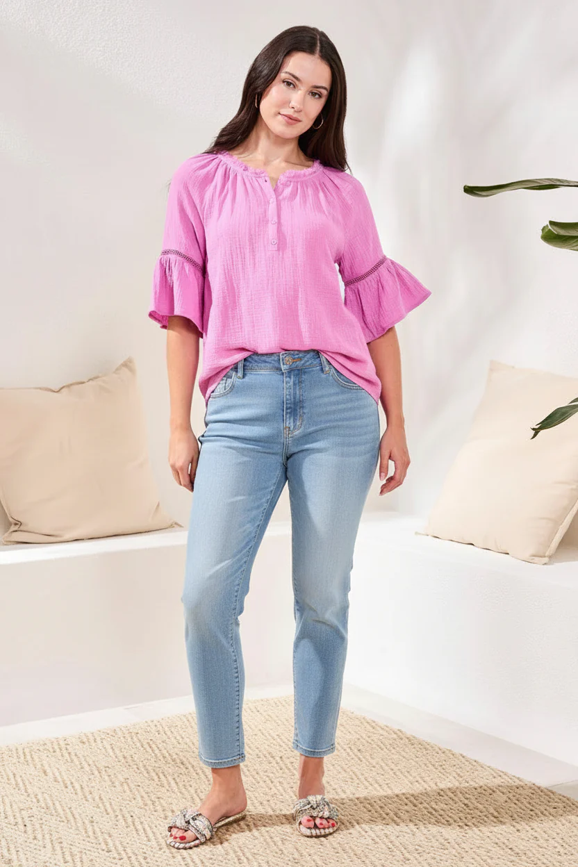 Crinkle Gauze Split-Neck Button-Front Bell Sleeve Blouse-Orchidglow