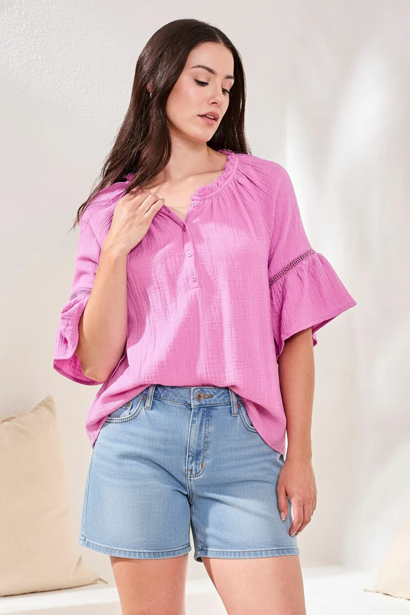 Crinkle Gauze Split-Neck Button-Front Bell Sleeve Blouse-Orchidglow - Image 3