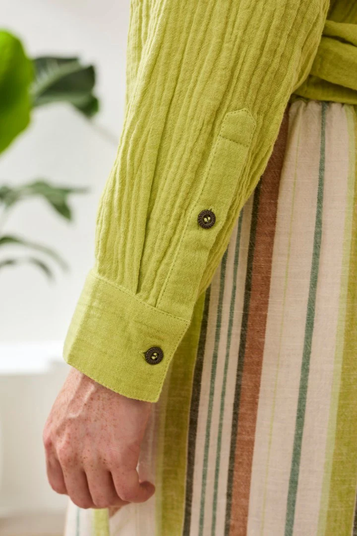 Crinkle Gauze Button-Front Tie Blouse-Greenbanana - Image 3