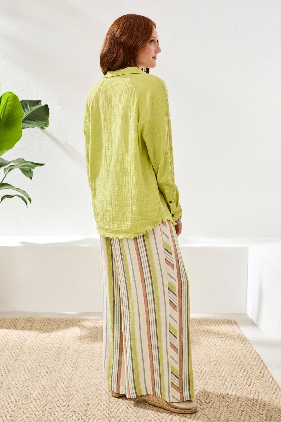 Crinkle Gauze Button-Front Tie Blouse-Greenbanana - Image 4