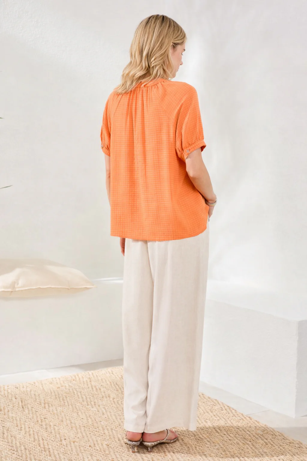 Gingham Semi-Sheer Notch Neck Blouse with Button Detail-Mango - Image 3