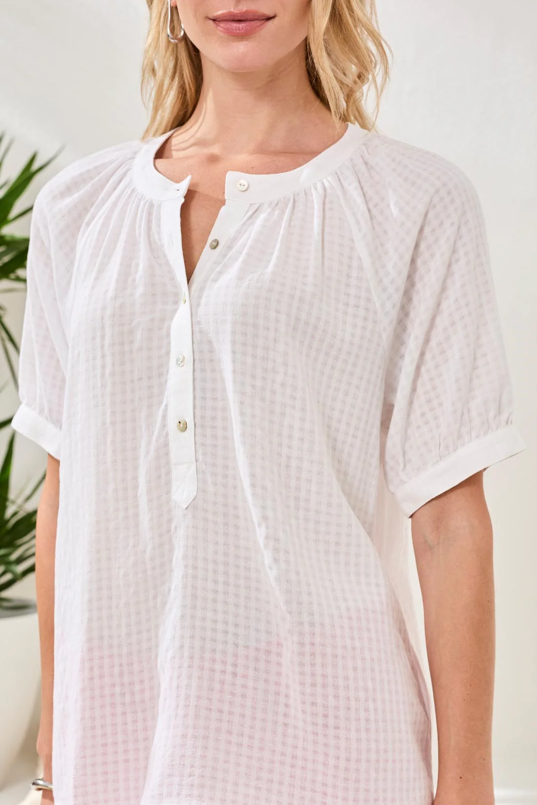 Gingham Semi-Sheer Notch Neck Blouse with Button Detail-White - Image 3