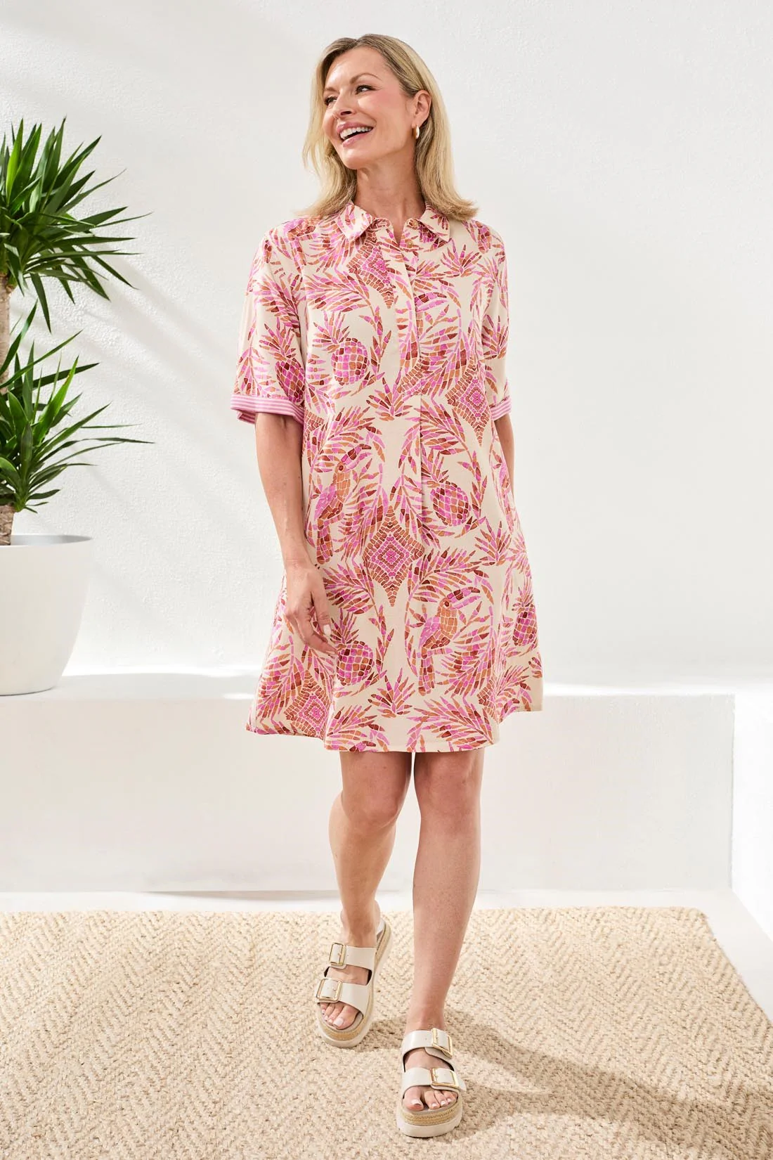 Linen Rayon Short Sleeve Collared Shift Dress-Wisteria - Image 2