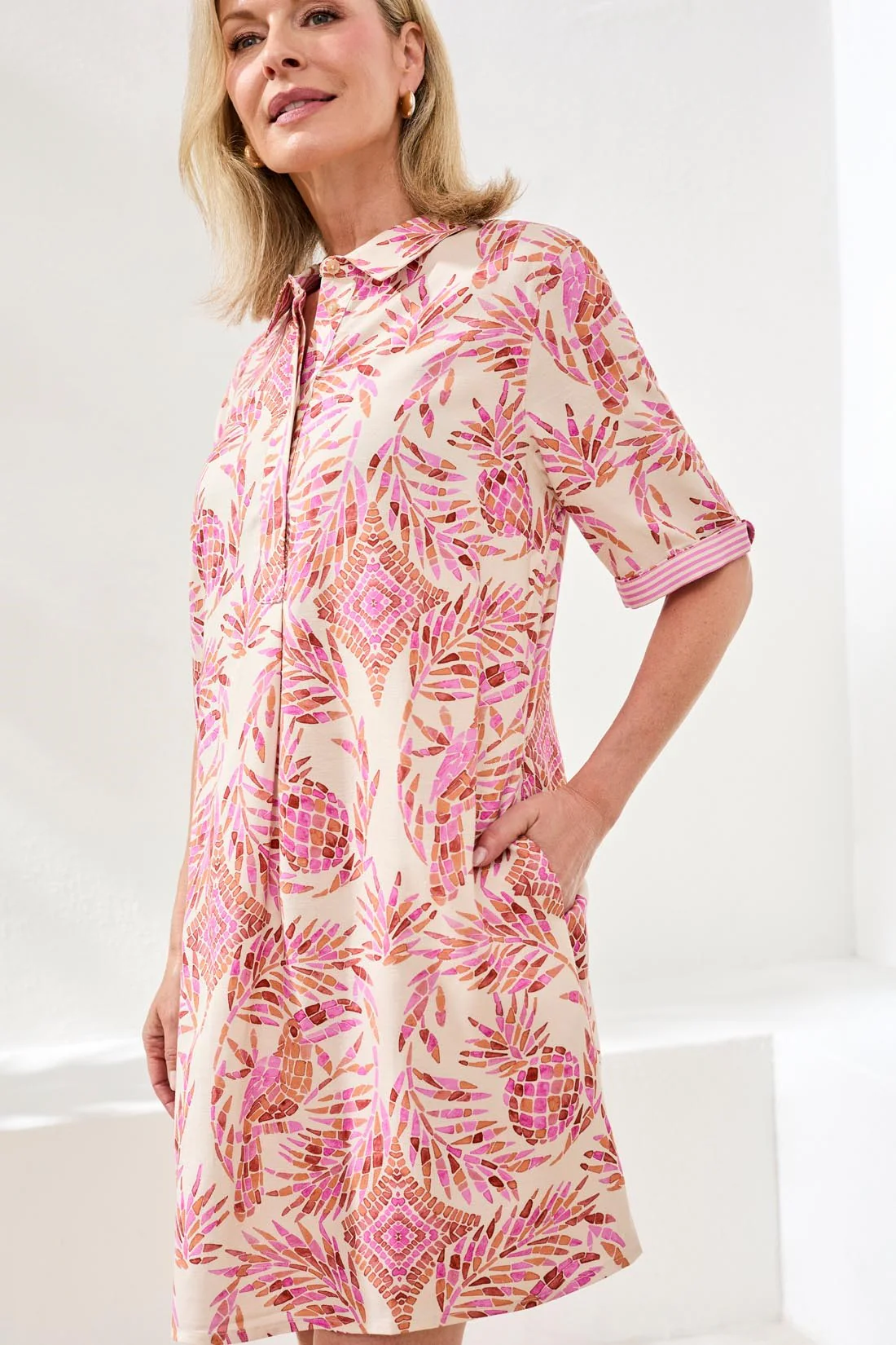 Linen Rayon Short Sleeve Collared Shift Dress-Wisteria - Image 4