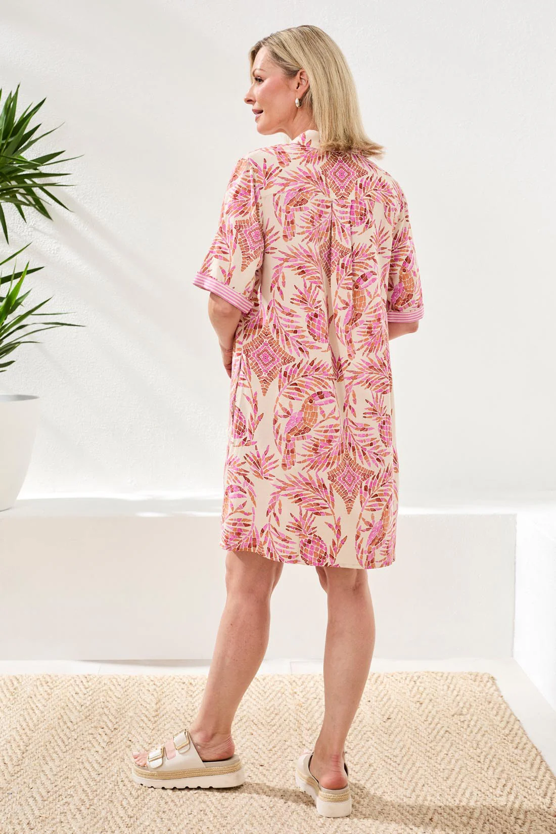 Linen Rayon Short Sleeve Collared Shift Dress-Wisteria - Image 5