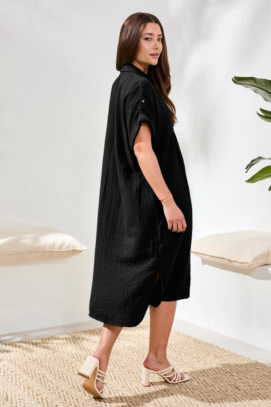 Crinkle Gauze Short Sleeve Empire Waist Midi Dress-Black - Image 2