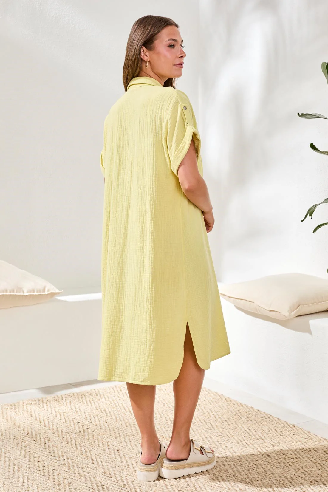 Crinkle Gauze Short Sleeve Empire Waist Midi Dress-Lemongrass - Image 4