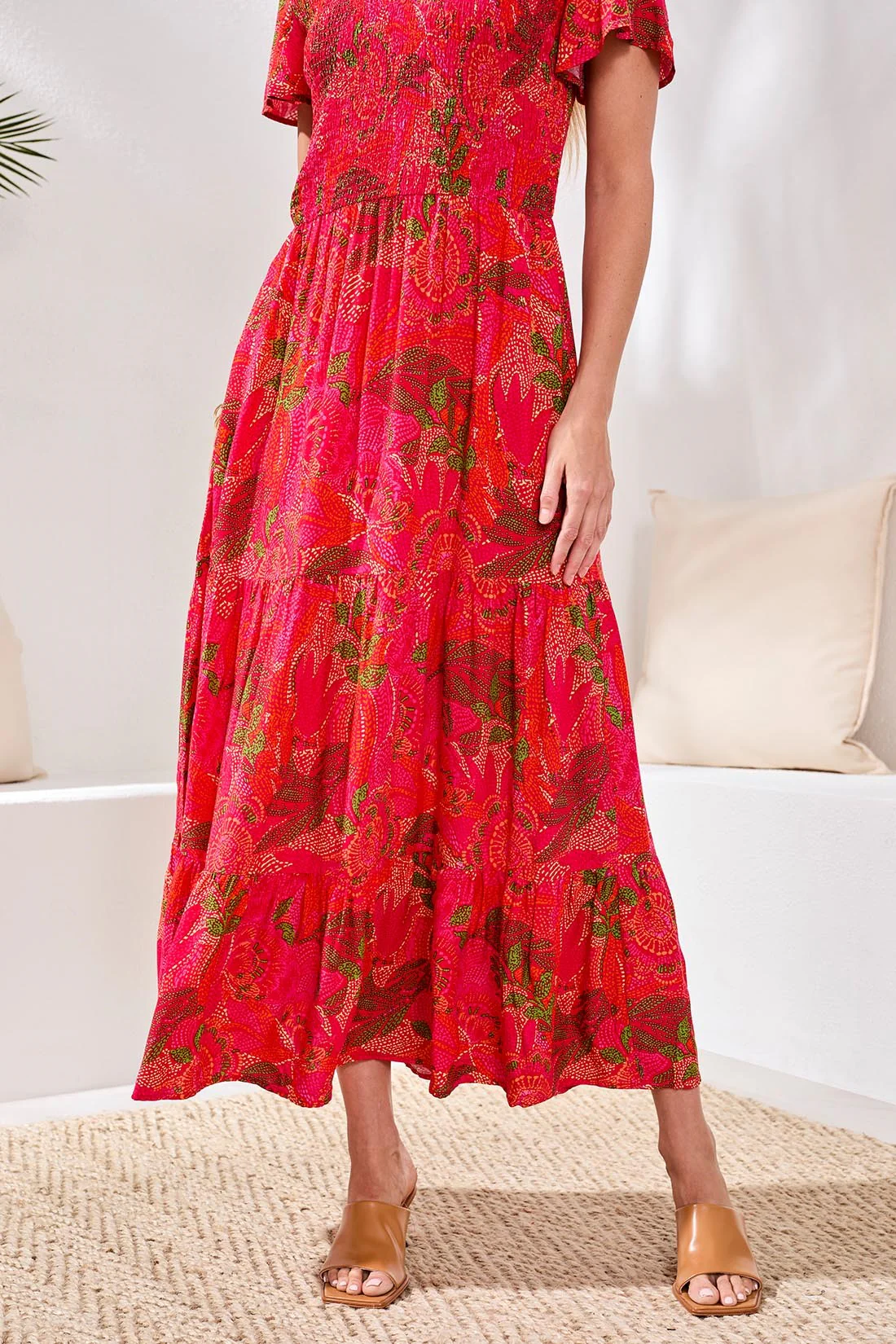 Ruched-Top Short Sleeve Maxi Dress-Sangria - Image 2