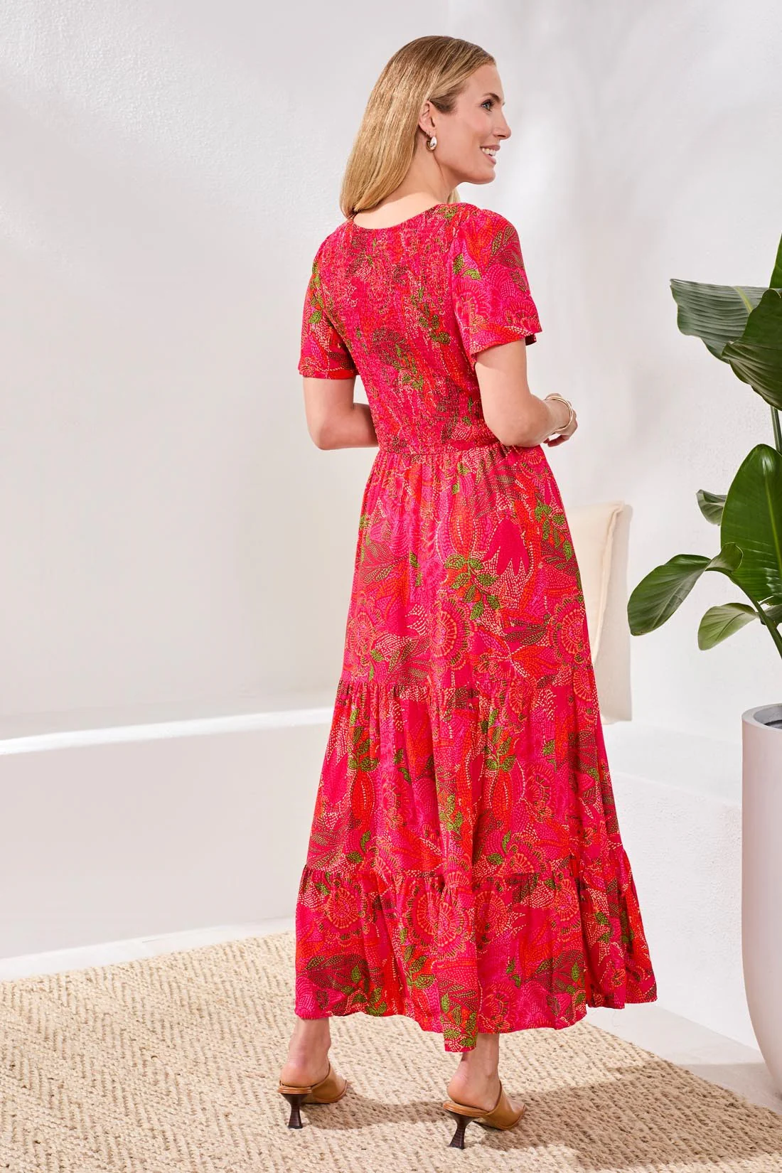 Ruched-Top Short Sleeve Maxi Dress-Sangria - Image 4