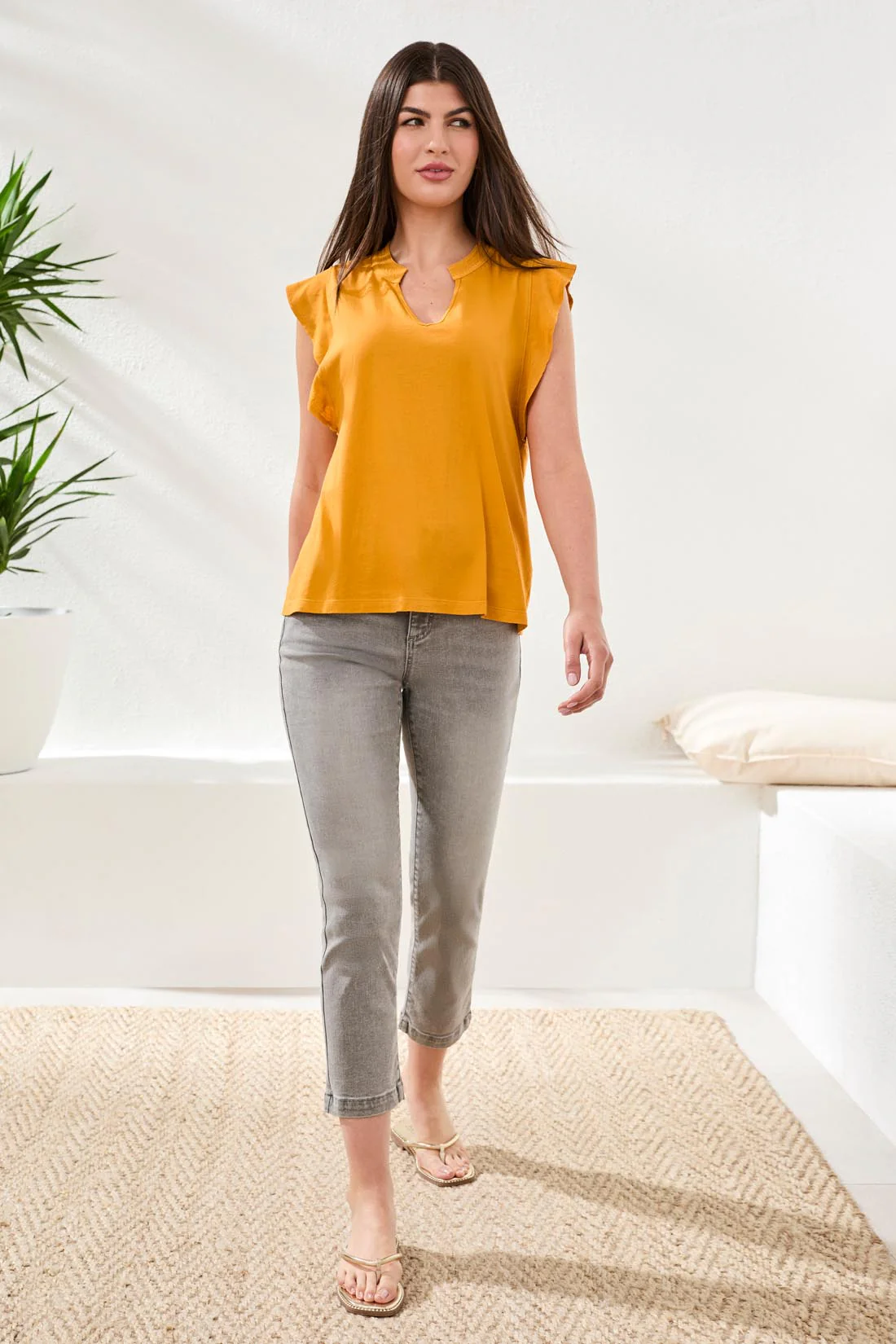 Ruffle-Sleeve V-Neck Mixed Media Top-Daffodil