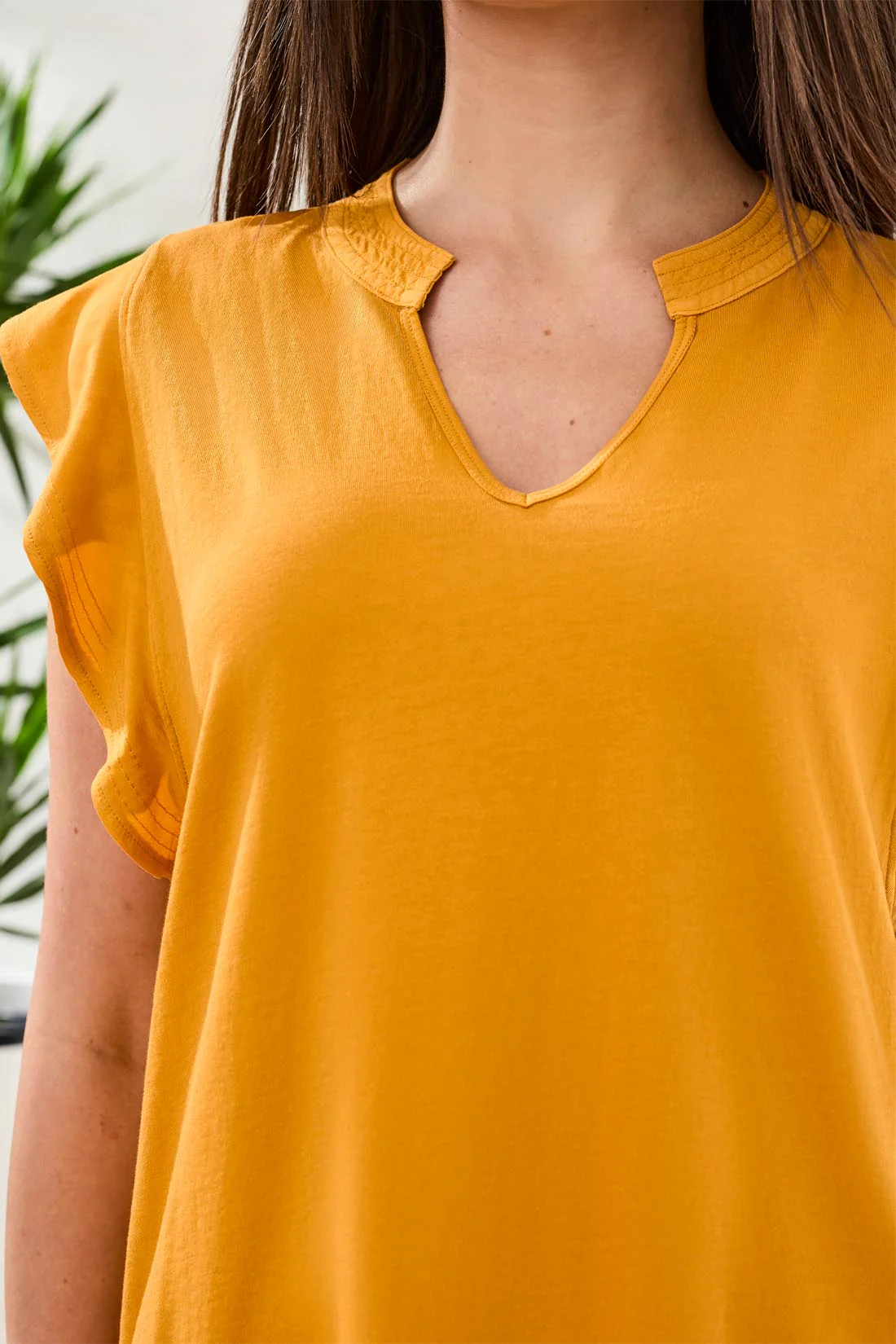 Ruffle-Sleeve V-Neck Mixed Media Top-Daffodil - Image 2