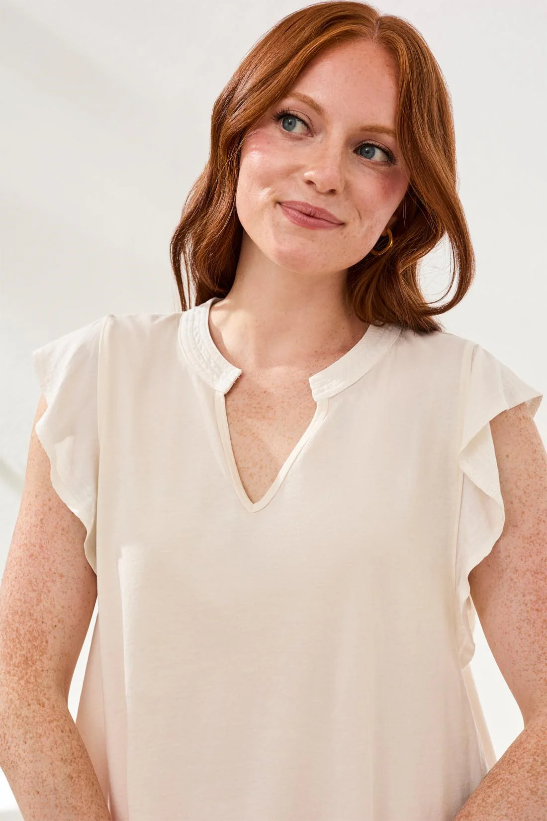 Ruffle-Sleeve V-Neck Mixed Media Top-Eggshell - Image 3