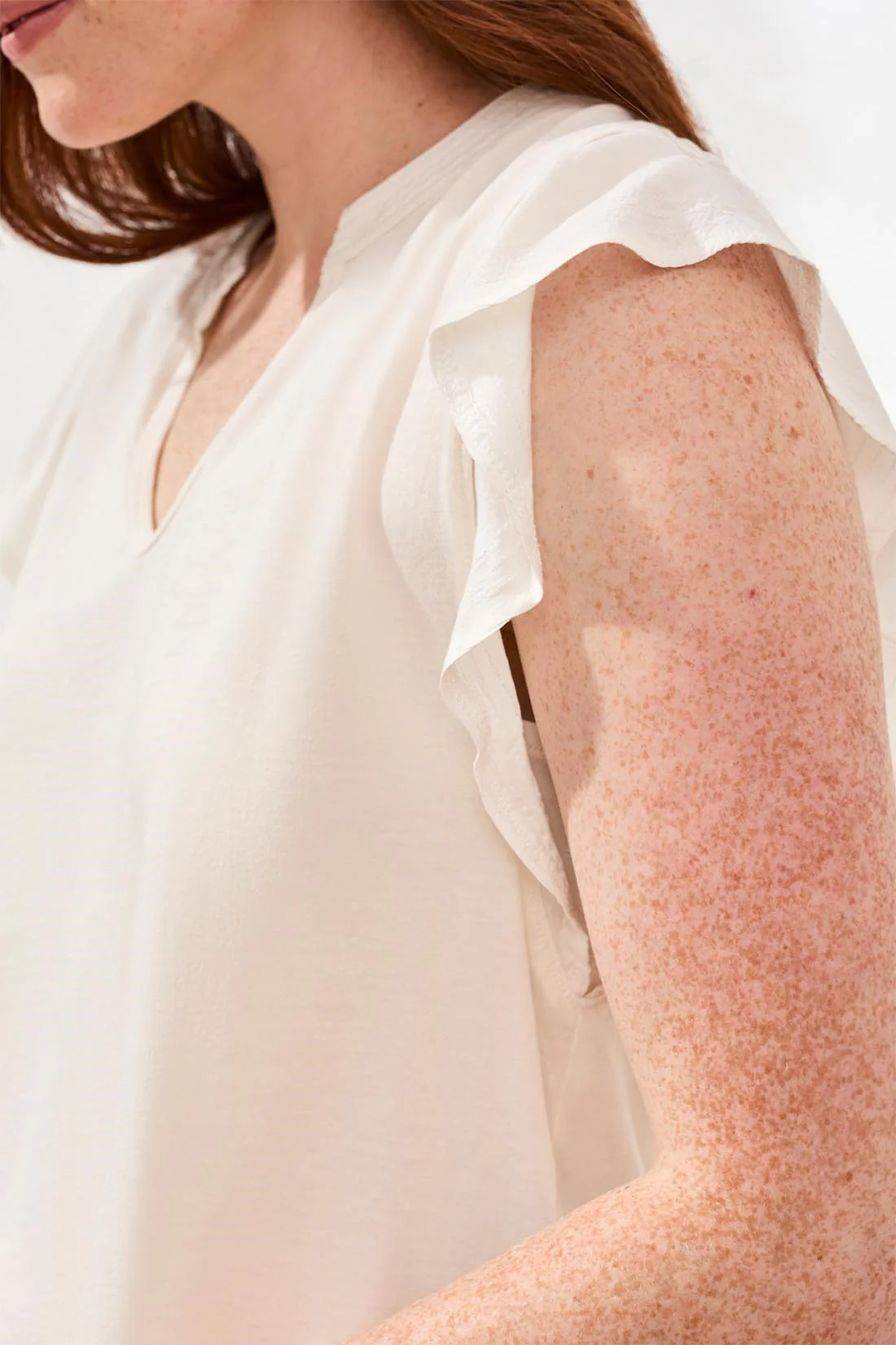 Ruffle-Sleeve V-Neck Mixed Media Top-Eggshell - Image 4