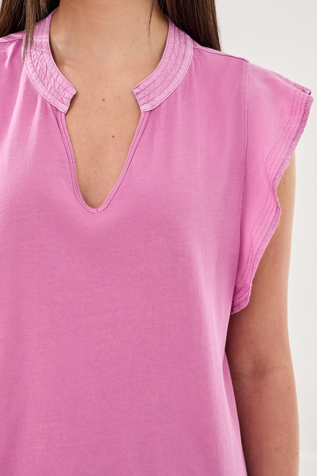 Ruffle-Sleeve V-Neck Mixed Media Top-Orchidglow - Image 2