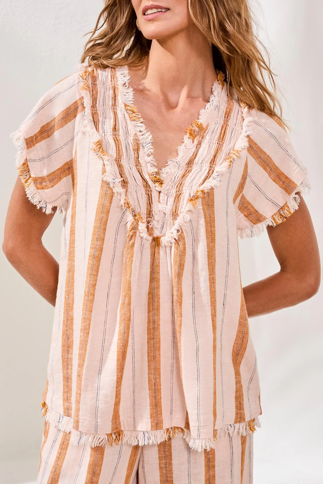 Textured Linen Smocked V-Neck Short-Sleeve Blouse-Saharabeige - Image 3