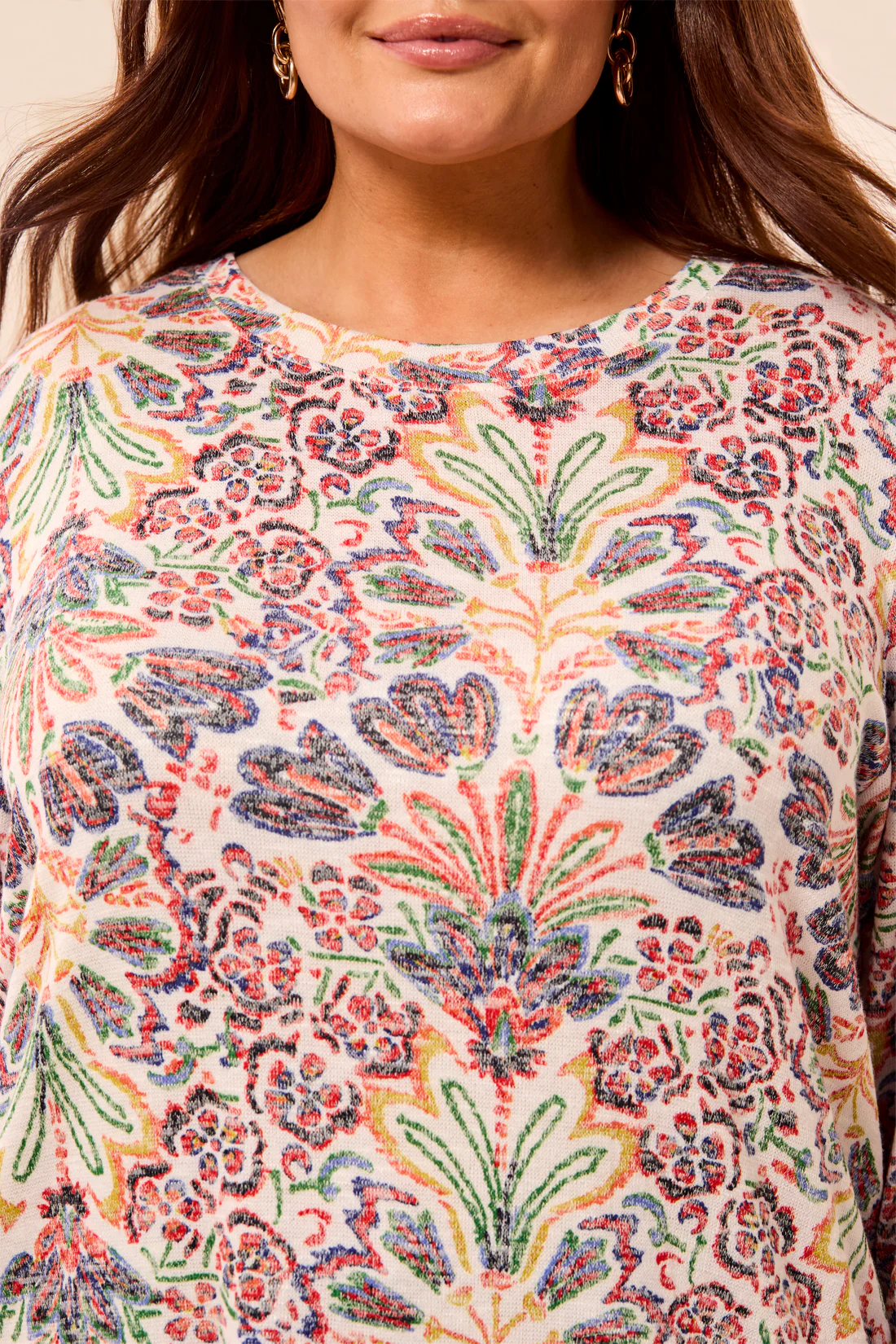 Size Inclusive 3/4 Sleeve Crew Neck Top-Coralred - Image 4