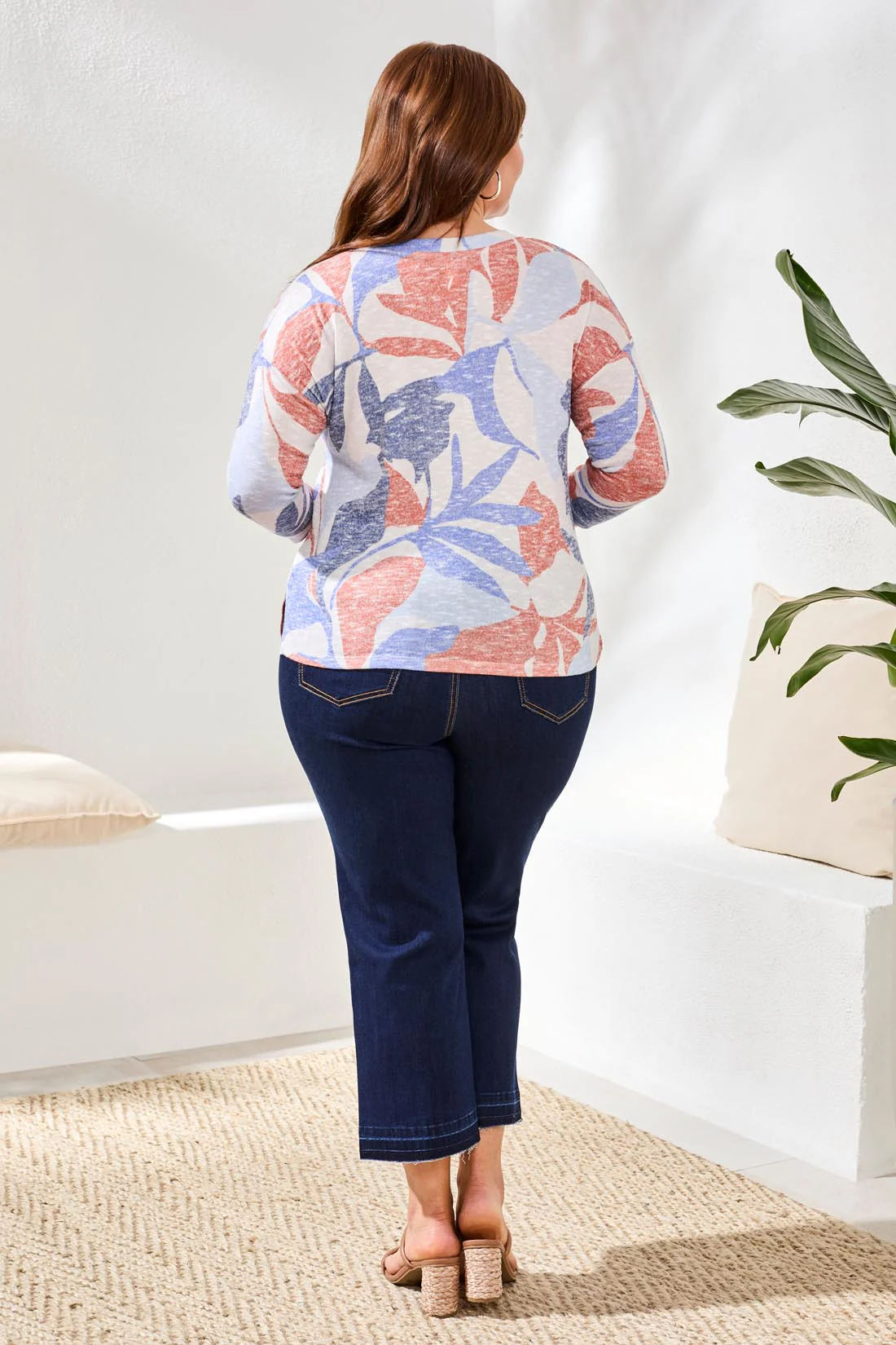 Size Inclusive 3/4 Sleeve Crew Neck Top-Sky - Image 4
