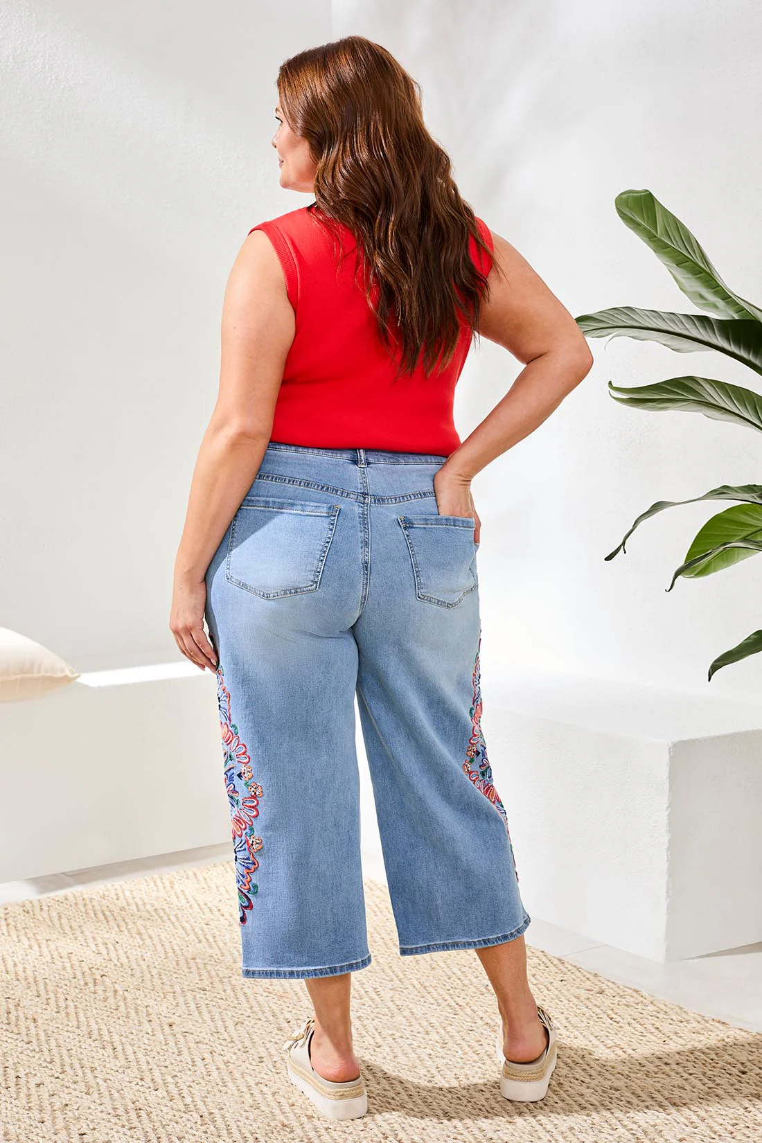 Size Inclusive Audrey Wide-Crop Jeans With Embroidery-Desertblue - Image 4
