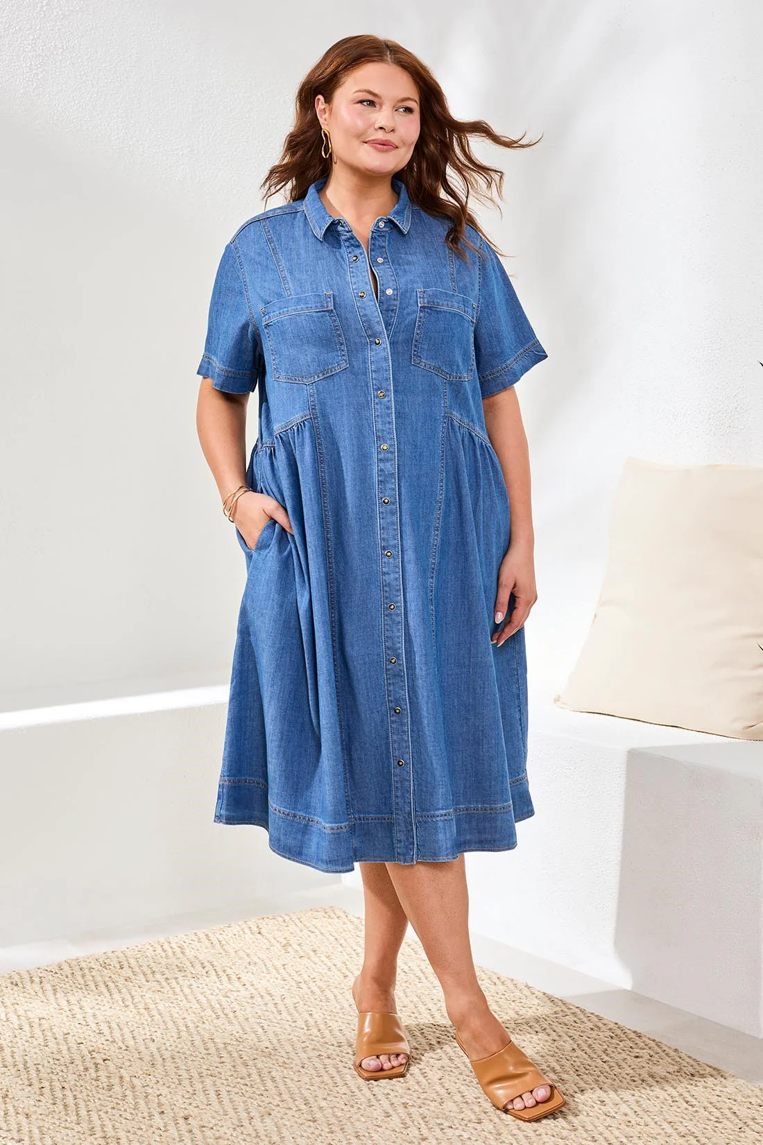 Size Inclusive Button Down Flowy Denim Dress-Fjordblue - Image 2