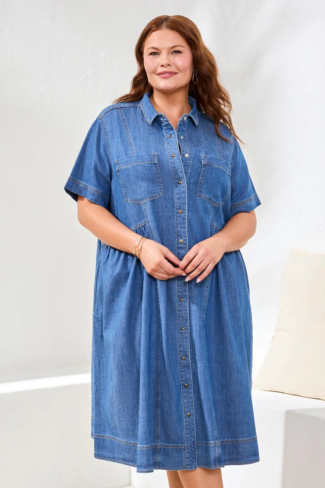 Size Inclusive Button Down Flowy Denim Dress-Fjordblue - Image 3