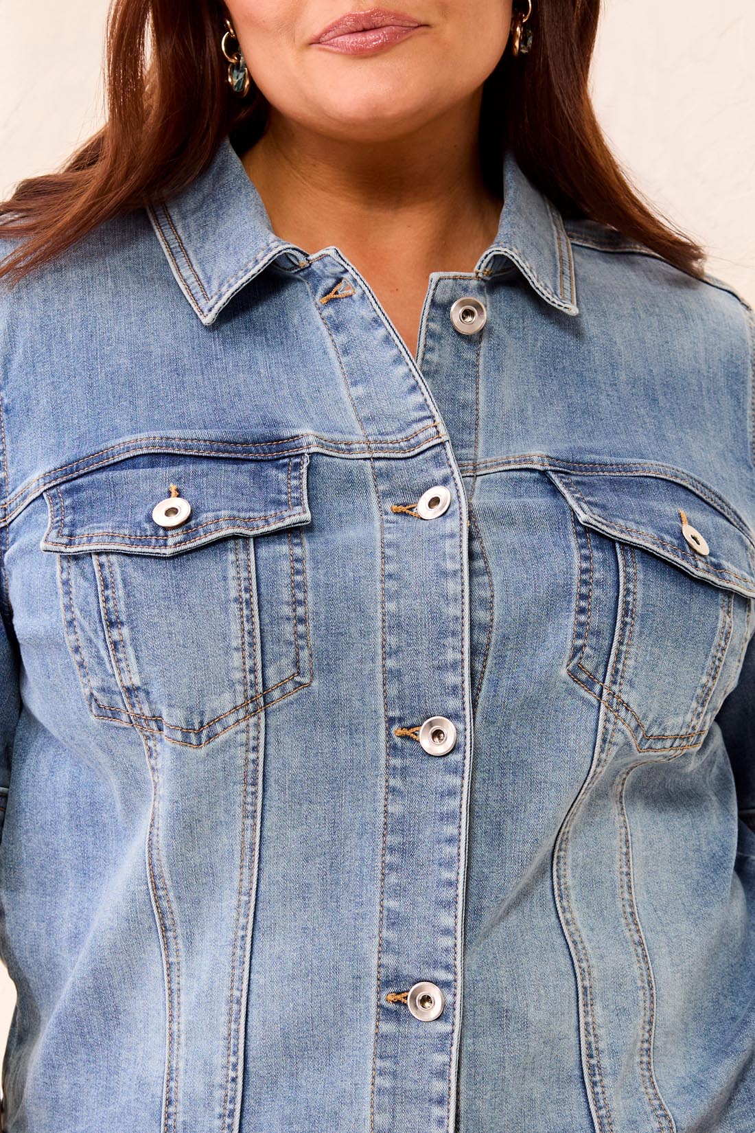 Size Inclusive Comfort Stretch Elbow Sleeve Denim Jacket-Harbor - Image 4