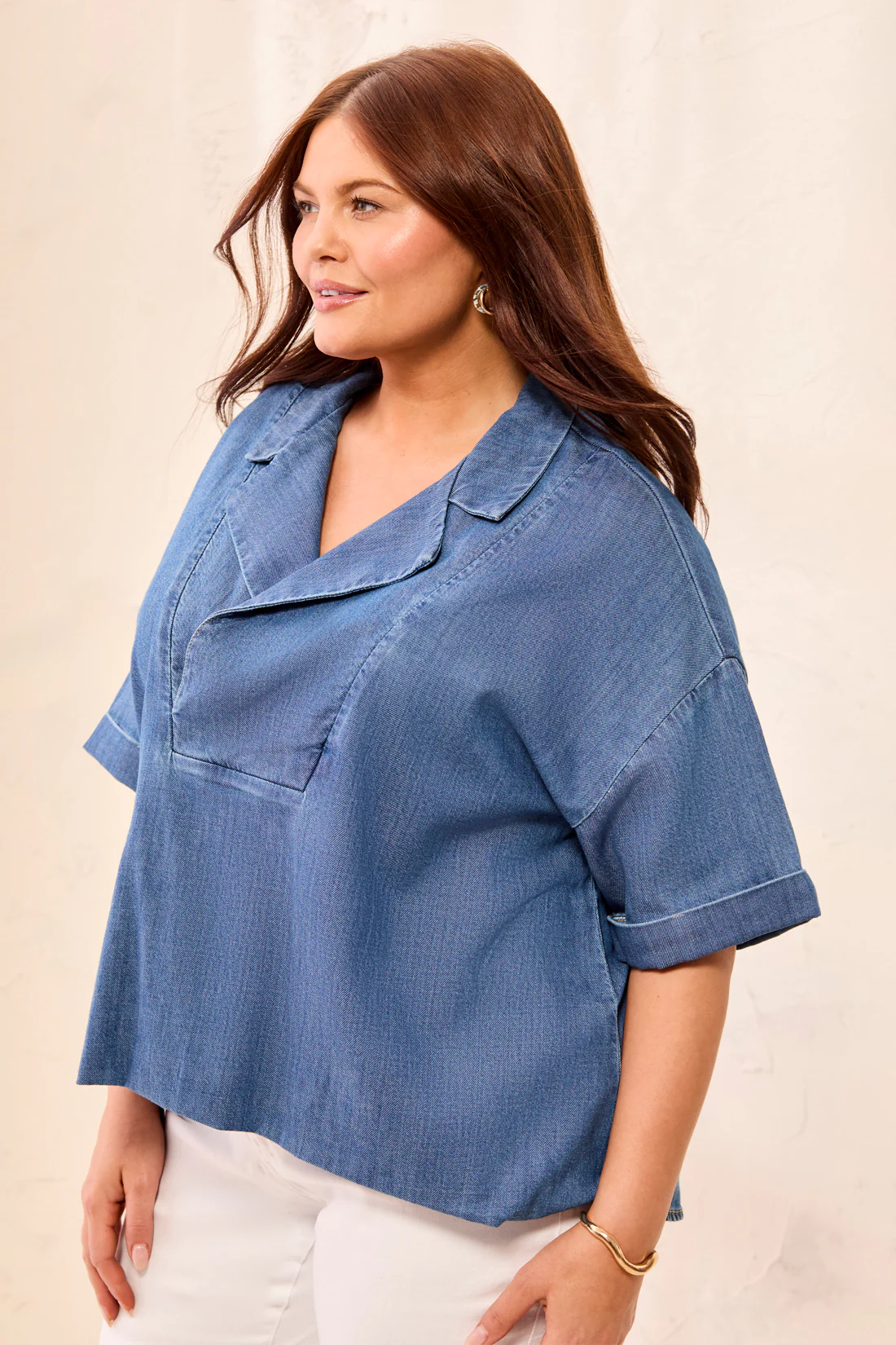Size Inclusive Flowy Popover Denim Shirt With Short Sleeves-Fjordblue - Image 3