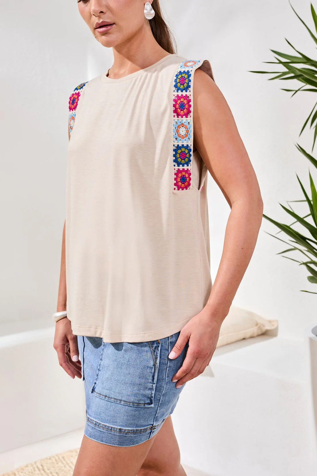 Jersey Sleeveless Crew Neck Top with Embroidery Detail-Oatmeal - Image 2