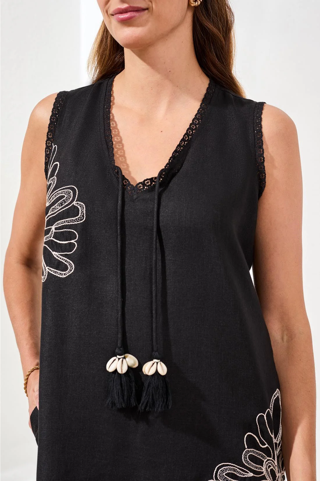 Embroidered V-Neck Sleeveless Dress With Tassel Accents-Black - Image 3