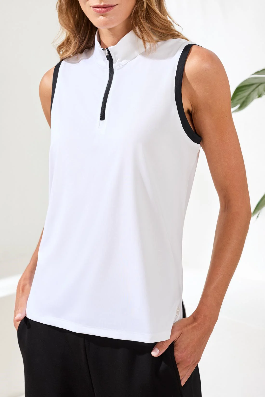 Sleeveless Zip Mock Neck Tech Top-White - Image 2