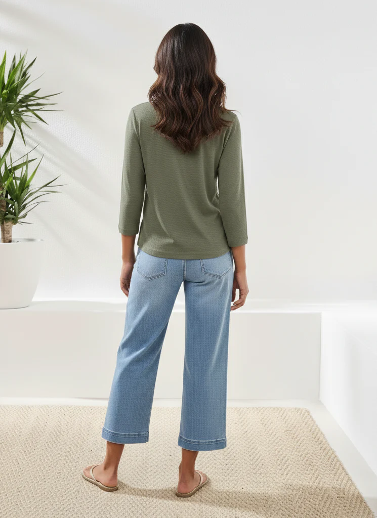 Slub Knit 3/4 Sleeve Scoop Neck Top With Buttons-Moss - Image 2