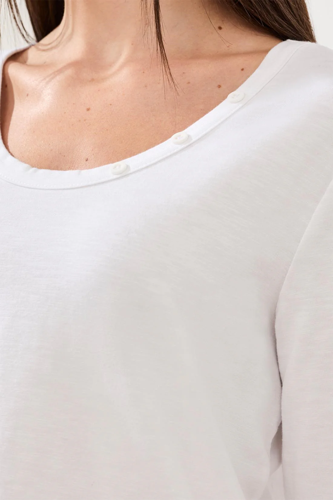 Slub Knit 3/4 Sleeve Scoop Neck Top With Buttons-White - Image 3