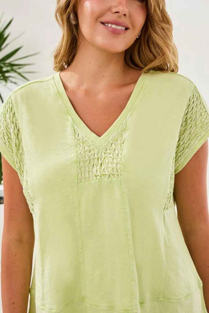 Slub Knit V-Neck Cap Sleeve Top-Limecream - Image 3