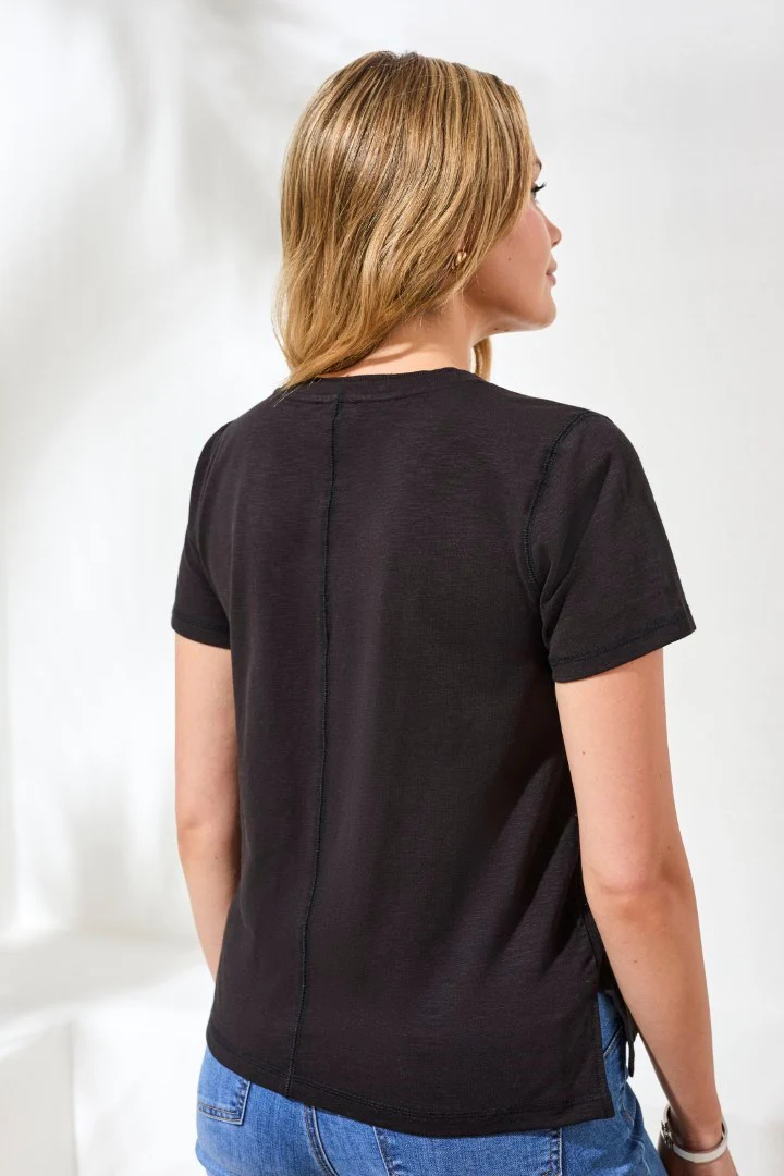 Slub Knit V-Neck Top With Double Trim Detail-Black - Image 2