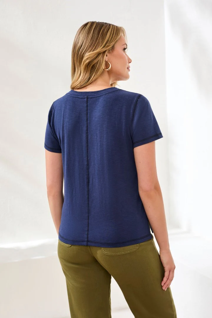Slub Knit V-Neck Top With Double Trim Detail-Jet blue - Image 2