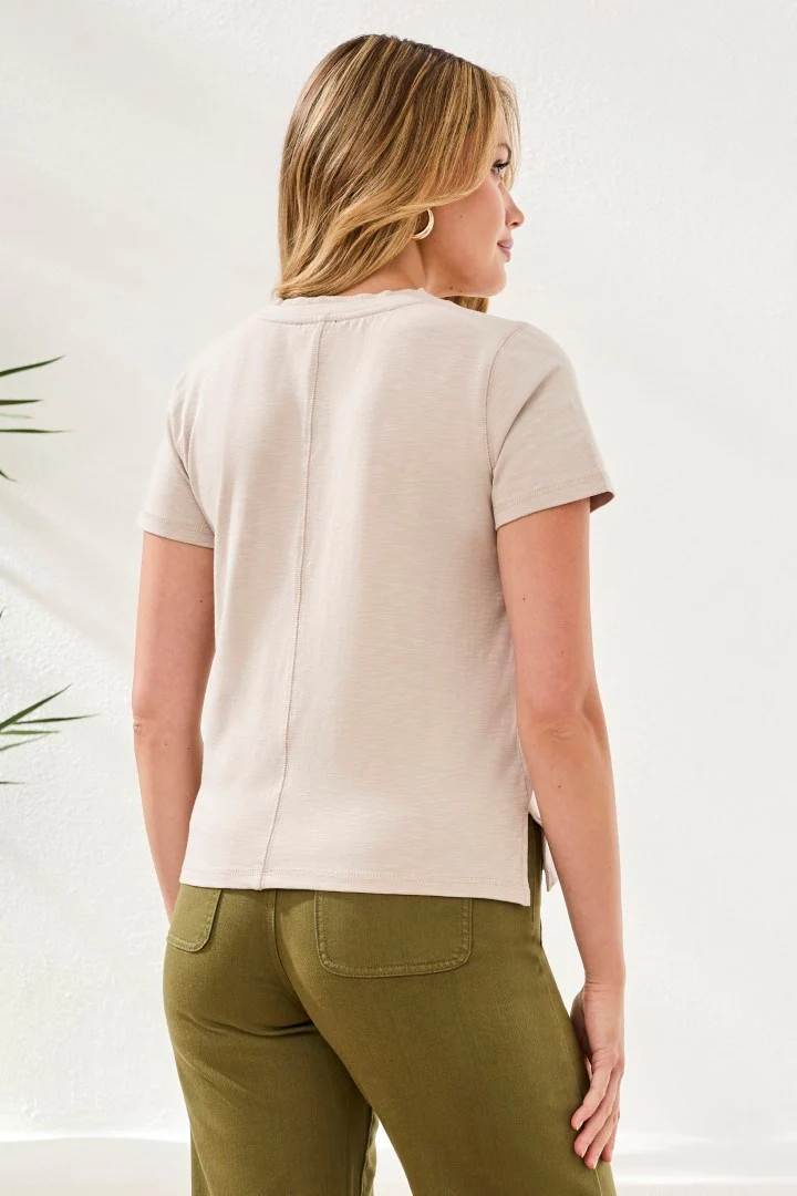 Slub Knit V-Neck Top With Double Trim Detail-Quartz - Image 2