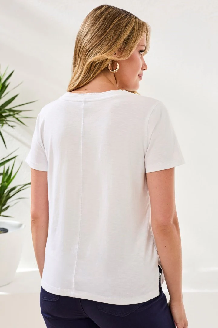 Slub Knit V-Neck Top With Double Trim Detail-White - Image 2