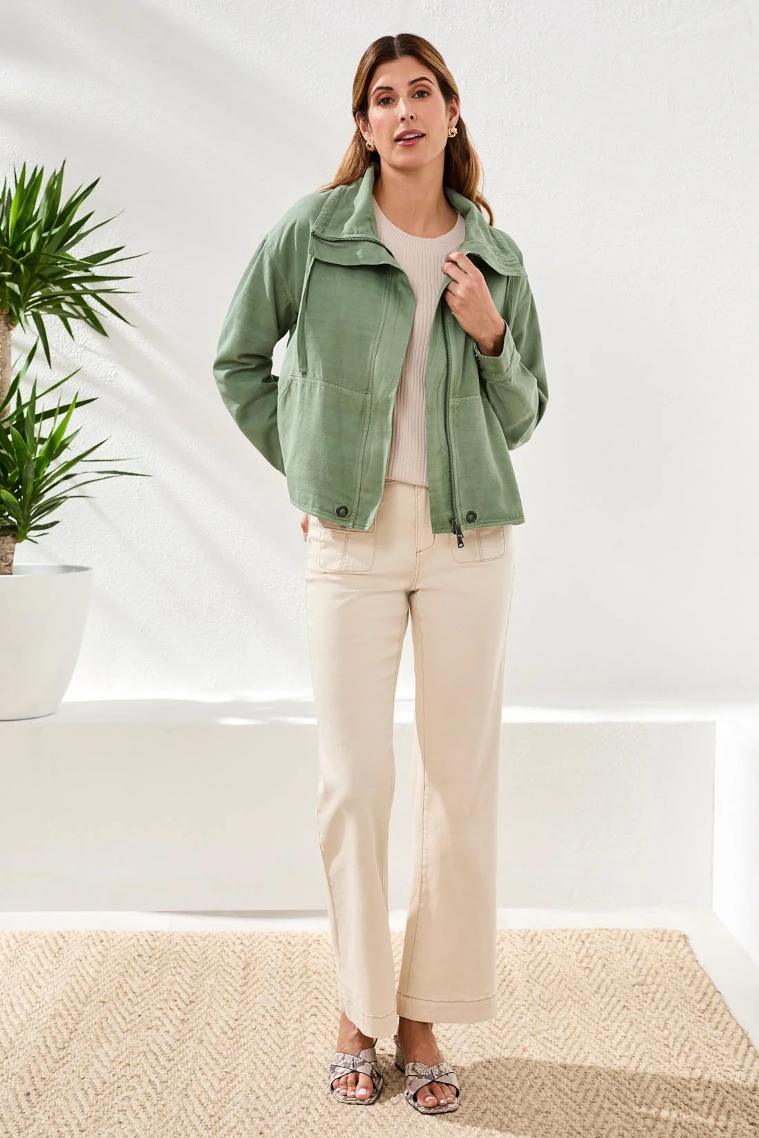 Slub Twill Front Button Jacket With Drawcord Collar-Moss - Image 3